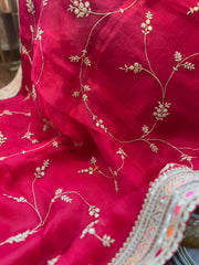 Dazzling Red Pure Organza All Over Designer Saree