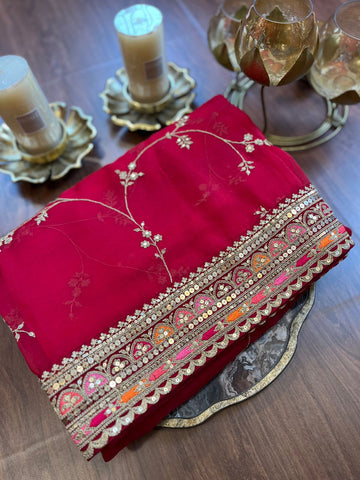 Dazzling Red Pure Organza All Over Designer Saree