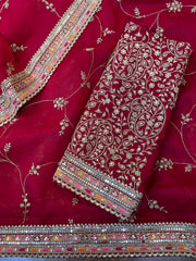 Dazzling Red Pure Organza All Over Designer Saree