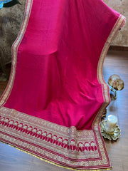 Bright Pinkish Red Designer Exclusive Moroccan Silk Saree