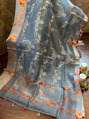 English Grey Pure Organza Fancy a saree