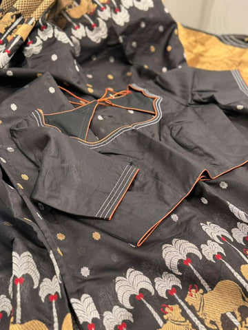 Beautiful Statement Black Pure Chanderi Silk