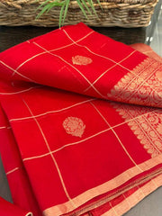 Dazzling Red Monochrome Pure Banarasi Kora Silk