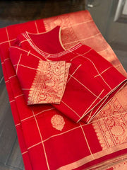 Dazzling Red Monochrome Pure Banarasi Kora Silk