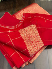 Dazzling Red Monochrome Pure Banarasi Kora Silk