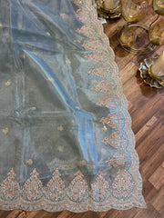 Powder Blue Handloom Handworked Organza Saree