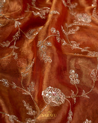 Rust Orange Pure Organza All Over Handwork Embroidered and Saree