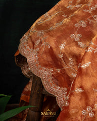 Rust Orange Pure Organza All Over Handwork Embroidered and Saree