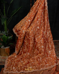 Rust Orange Pure Organza All Over Handwork Embroidered and Saree