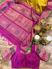 Mustard Yellow and Pink Double Weave Gadwal Pattu