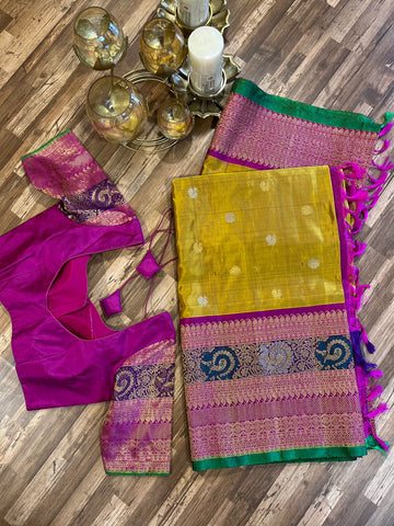 Mustard Yellow and Pink Double Weave Gadwal Pattu