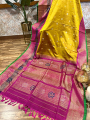 Mustard Yellow and Pink Double Weave Gadwal Pattu