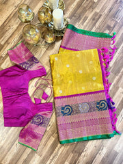 Mustard Yellow and Pink Double Weave Gadwal Pattu