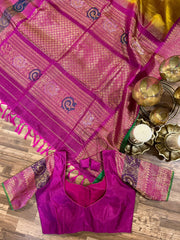 Mustard Yellow and Pink Double Weave Gadwal Pattu