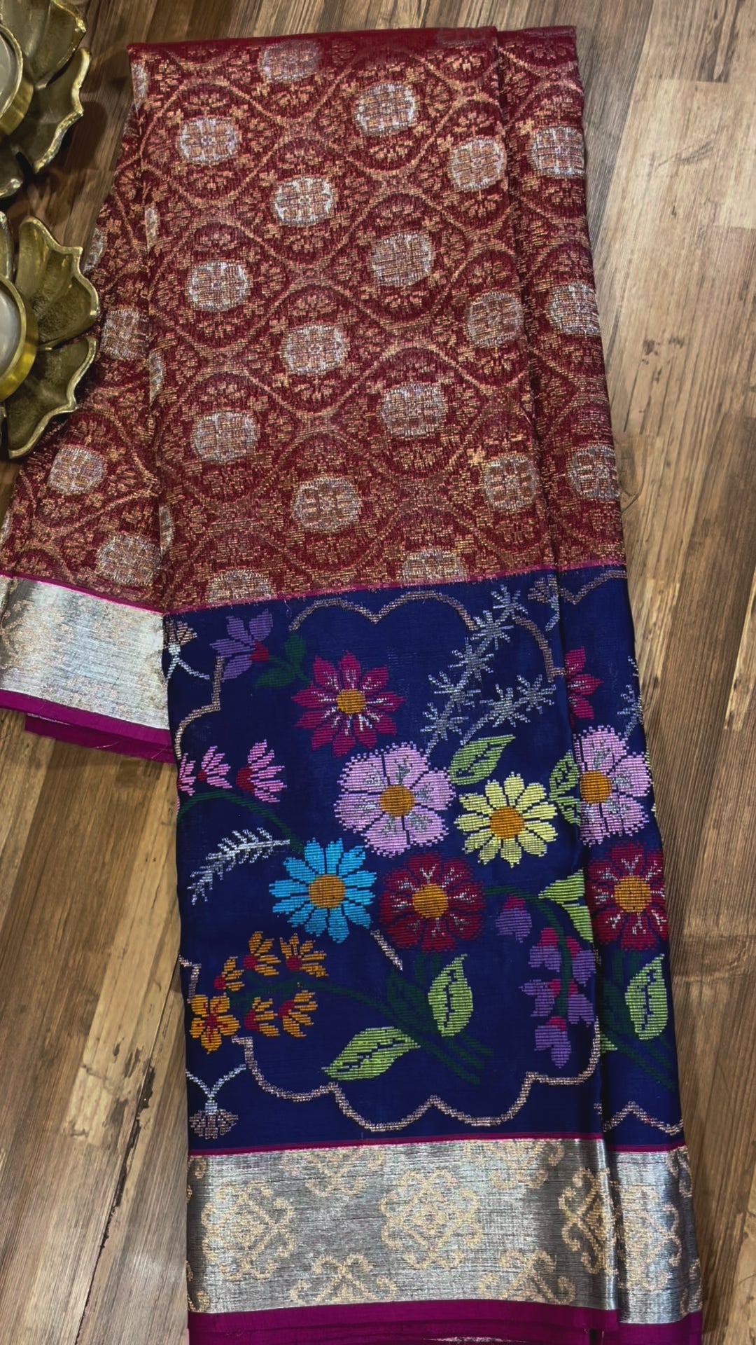 Brick and Royal Blue Pure Zari kota Jamawar