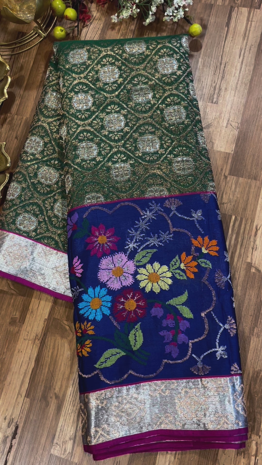 Green and Royal Blue Pure Zari kota Jamawar